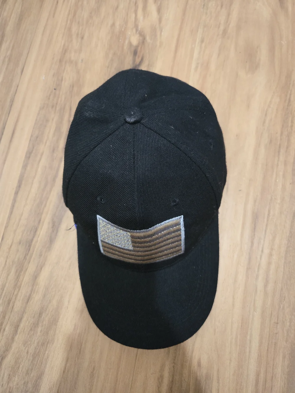 4/$15 Black Baseball Cap with Tan Flag Patch Americana Cabin Vibe